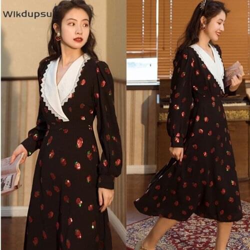 Strawberry Dress Women Long Sleeve Spring Autumn Fall Vintage Retro Sparkly Sequins Black Goth Luxury Long Maxi Dresses Female