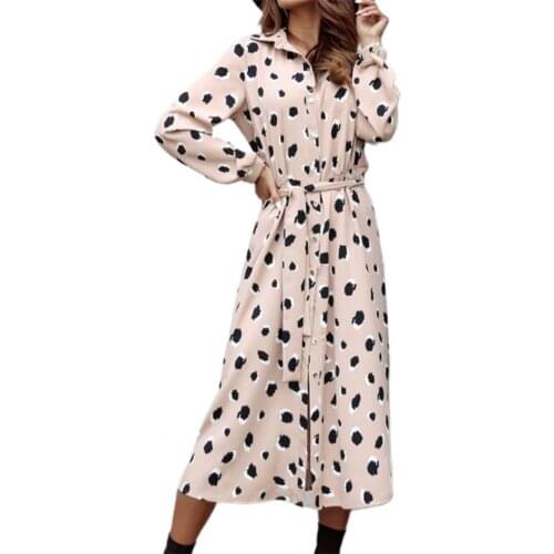 Shirt Dress Polka Dots/Floral Print Long Sleeve Spring Women Single-breasted Belt Maxi Dress for Party женское платье