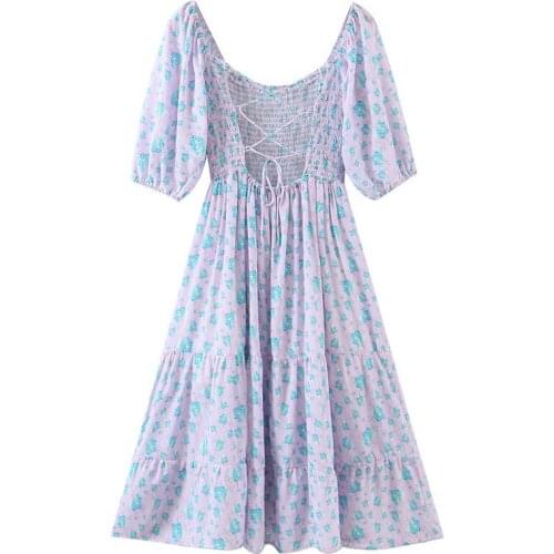 2021 Retro Purple Floral Print Women Dress Sexy Elastic Short Lantern sleeve Cross Lacing up Back Backless Dresses Holiday