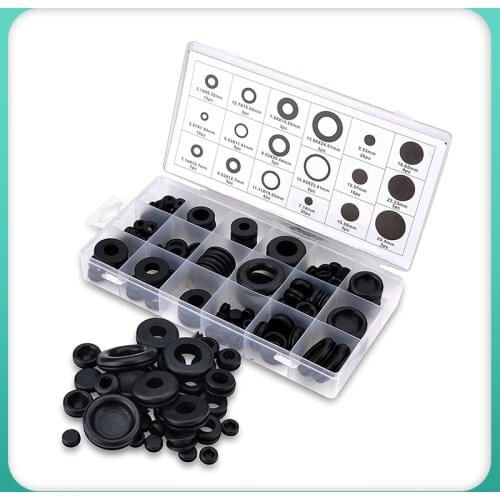 125pcs Rubber Grommet Assortment Kit Black Wiring Cable Gasket Kit Rubber Grommet Hole Plug Set with Plastic Box Car Set