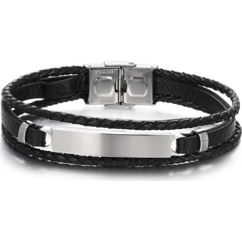 2021 Fashion Stainless Steel Tree Music Symbol Multilayer Braided Leather Bracelet Retro Titanium Steel Cuff Bracelet for Men