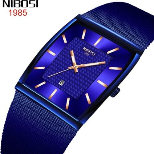 NIBOSI Mens Watches Top Brand Luxury Slim Blue Square Quartz Watch Men Waterproof Male Wristwatch Men Relogio Masculino 2376