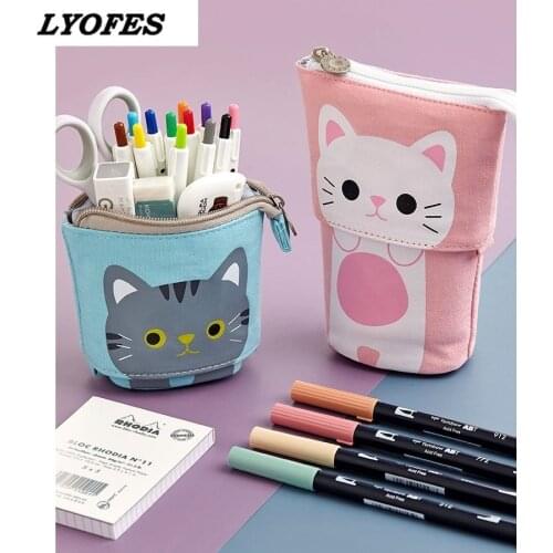 Pen Pencil Bag Case, Cartoon Cute Cat Bear Sheep Canvas Fold Standing Holder Stationery Organizer Kids Gift A6445