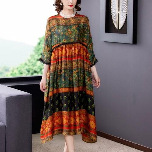 Chikichi Floral Printed Silk Dress Womens Spring 2021 New Loose Long Retro Bohemian Dress Plus Size 4XL Vestido Feminino