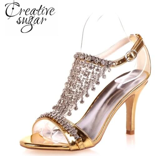 Creativesugar woman T shape strap sandals rhinestone fringe wedding party cocktail summer dress shoes metallic gold silver blue
