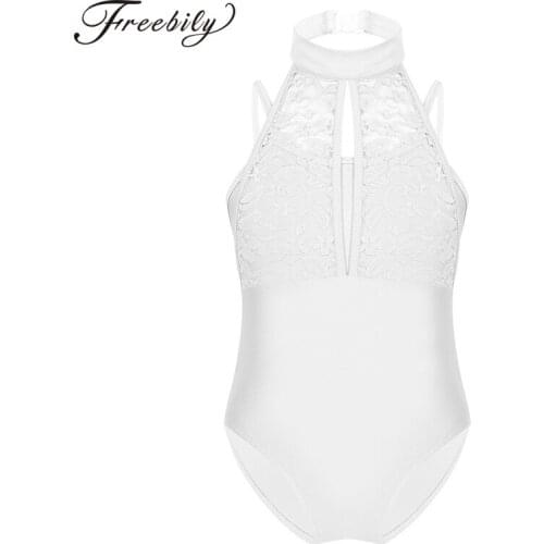 Kids Spaghetti Straps Turtle Neck Lace Dancewear Children Gymnastics Leotards for Girls Ballet Stage Performance Dance Costume
