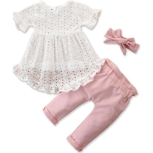 0-2Yrs Baby Girls Clothes Set Soft Ruffles Sleeve T-Shirts Pants Headband 3Pcs Summer Girls Clothing Suits
