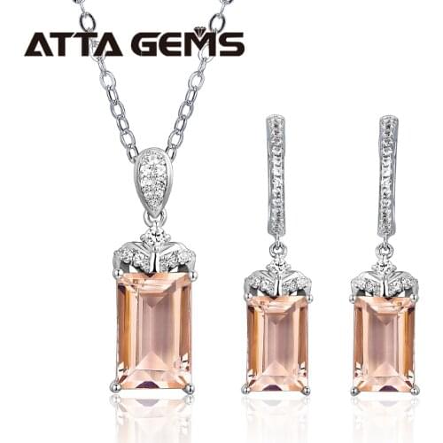 Morganite Sterling Silver Jewelry Set S925 Created Morganite 9.6 Carats Elegant Romantic Stone Style for Wedding Engagement