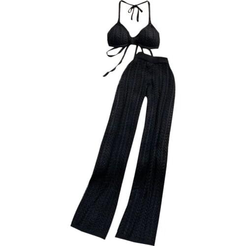 Fashion Summer Knitting Set 3 Colors Two Pieces Sexy Spaghetti Straps Crop Tops Full Pants Celebrity Evening Party Outfit Vest