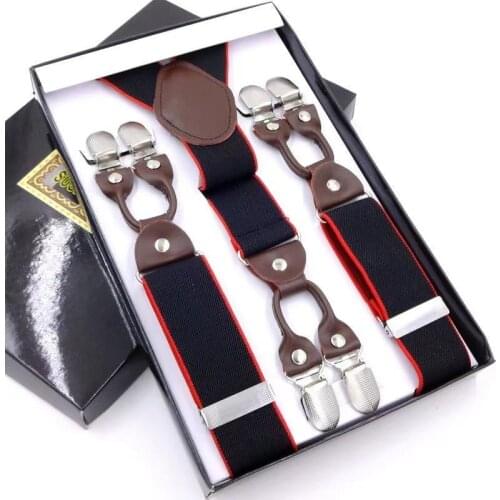 Mens Gift Box Suspenders 6 Clips Braces Leather Suspensor Adjustable Belt Strap Bretelles Vintage Mens Suspender For Skirt