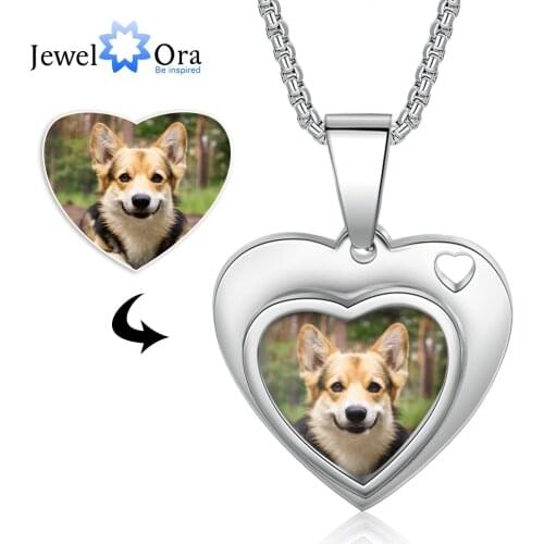 JewelOra Stainless Steel Personalized Pet Photo Necklace Customized Heart Engraved Pendant Necklaces for Women Family Gifts