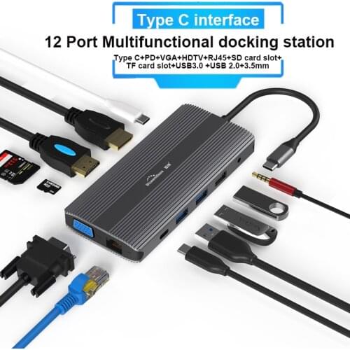 12 in 1 Type c PD 100W VGA usb c adapter HDTV 60HZ DP port With Internet Gigabit RJ45 Camera SD TF card slots 12 ports HUBs