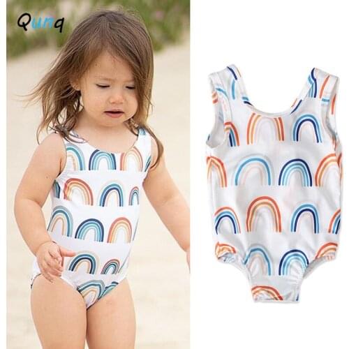 Qunq Baby Toddler Girls Swimwear One Piece Backless Prints Kids Swimsuits for 1 2 3 4 Year Girls Summer Children Bathing Suit