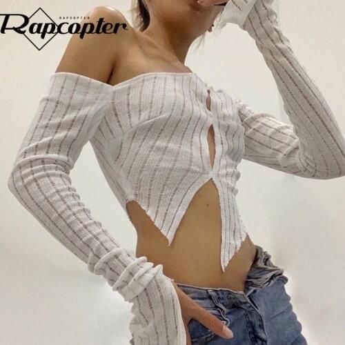 Rapcopter Solid Knitted Crop Top Asymmetrical Long Sleeve T Shirt Vintage Knitted Fashion Tshirt Women Button Tee Harajuku 90s