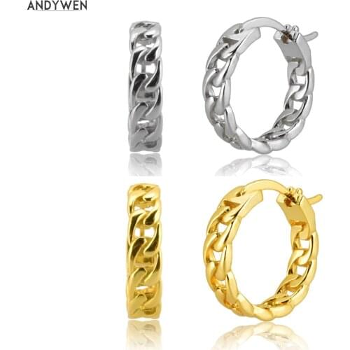 ANDYWEN 100% 925 Sterling Silver Gold Large 14mm Locker Chain Hoops Circle Pendiente Earring 2020 Piercing Round LuxuryJewelry