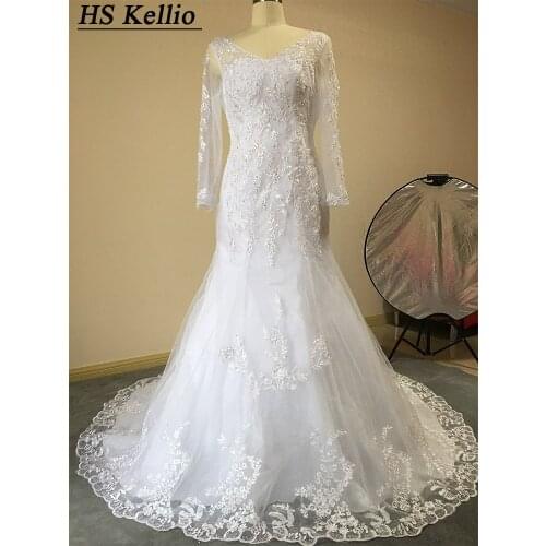 Mermaid Wedding Dresses With Train Vneck Trumpet Long Sleeves Bridal Dress Beading
