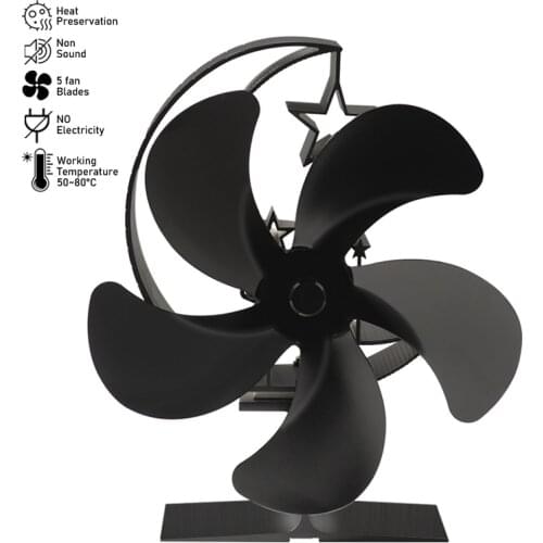 Star 5 Blades Fireplace Stove Fan Black Heat Powered Fan Quiet Efficient Heat Distribution for Wood Log Burner Winter Warmer