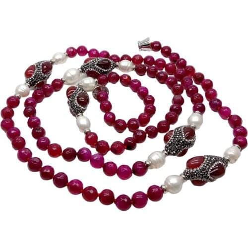 Y·YING Cultured White Rice Pearl Fuchsia Agates Round Station Long Necklace 51"