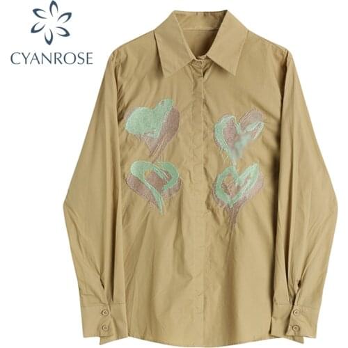 Autumn New Style Love Embroidery Long Sleeve Shirt Womens 2021 French Elegant Temperament Loose Casual Blouse Or Tops Female