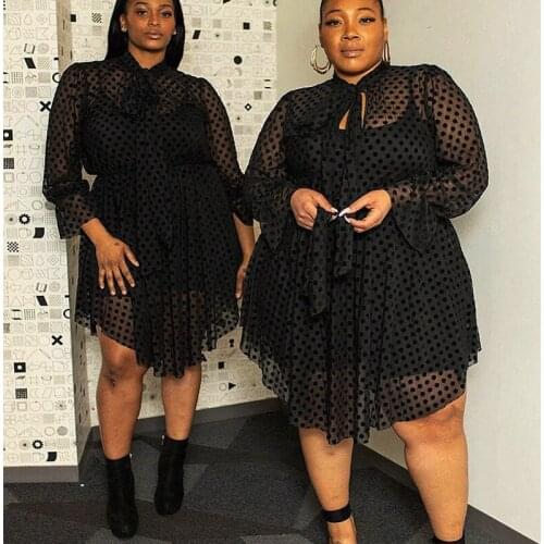 Women Out Stretch High Waist Long Sleeve Mini Dresses Ladies Plus Size Dress Sexy Mesh Dress Lace Hollow Wholesale Dropshipping