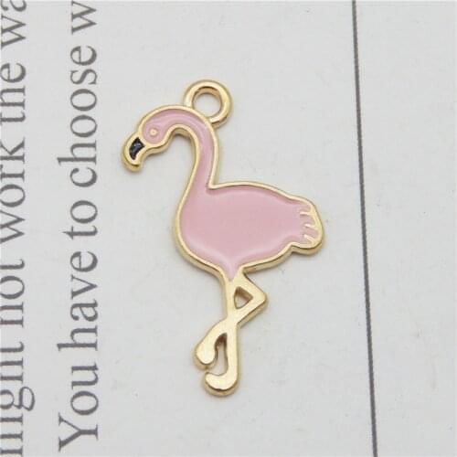 JulieWang 10PCS Pink Enamel Gold Base Flamingo Pendant Charm Cute Animal Popular in INS Handmade Fashion Women Accessory Finding