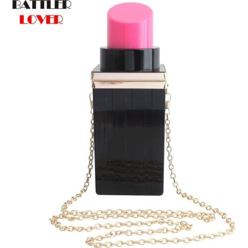 Women Acrylic Lipstick Shape Evening Bags Vintage Banquet Purses Clutch Chain Handbag for Female