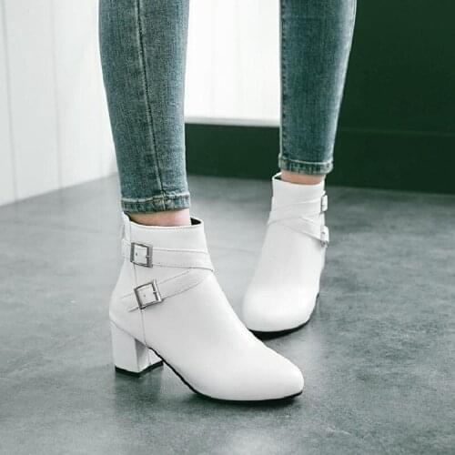 The New Pu Leather Ankle Boots Women Winter Autumn Square High Heel Zipper Boots Round Toe Woman Shoes Black Large Size 31-45