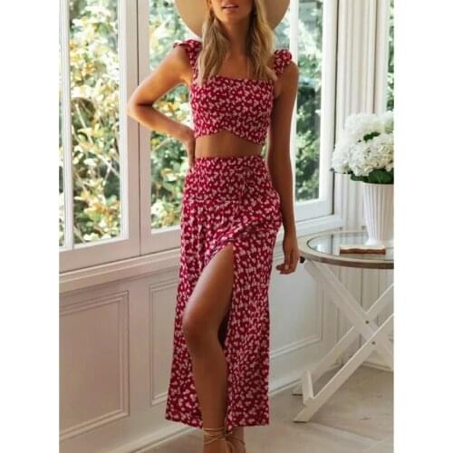 Imcute Summer Women Sexy Outfit Holiday Two pieces Little Flowers Shirt Crop Top Split Skirts Clothing Stretch Fancy Set Holiday