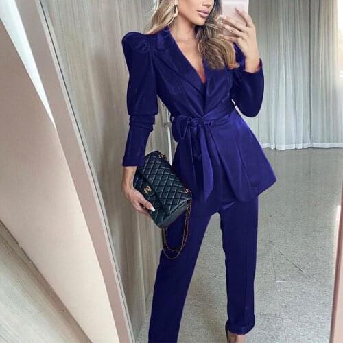 Spring Autumn Solid V-neck Lace-up Jacket and Straight Pants Womens Elegant Buttoned Shoulder Pad Blazer 2021 Office Pant Sets