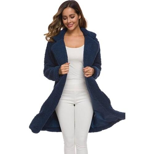 Women 2020 Autumn Winter New Open Stitch Coat Trun-down Collar Solid Color Long Sleeve Long Warm Coat