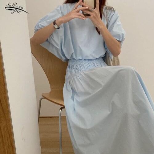 Summer casual puff sleeve office ladies simple loose long skirt cotton pleated party dress fashion lady Vestido 13818