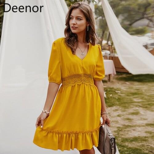 Deenor Women Summer Beach Boho Dress Embroidery Lace Pink Dress Deep V Neck Sexy Hollow Out Mini Dress Holiday Sundress Robe