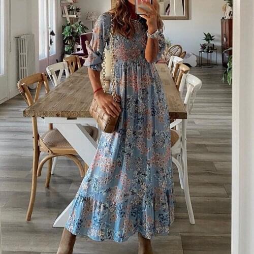Boho Beach Holiday Dress Women Casual O Neck Draped Loose Long Summer Dress Spring Floral Print Ruffle Retro Dress2021 Vestidos