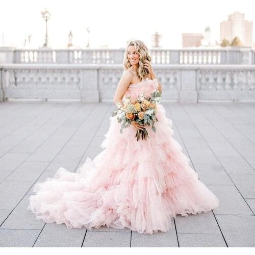 Fashion Pretty Cute Women Dress Strapless Layered Ruffles Tulle Floor Length With Train Evening Dresses Plus Size