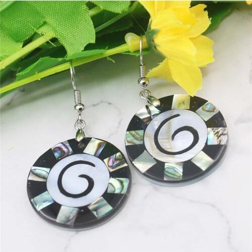 28MM Round Black White Grid Shell Drop Earrings Circular Ring Natural Stone Women Girl DIY Alloy Fashion Jewelry Making Design