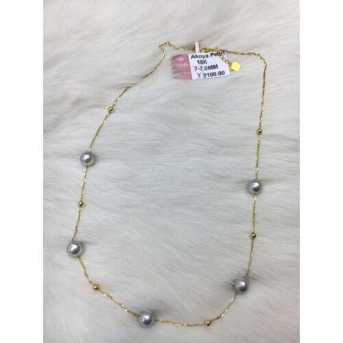 Free shipping >>>>noble jewelry natural 7-7.5mm Akoya gray pearl necklace 18k solid Gold