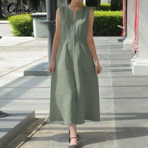 Celmia Women Maxi Dress 2021 Summer Sexy Sleeveless V-neck Dress Casual Cotton Long Sundress With Belt Loose Vestidos Work Robe