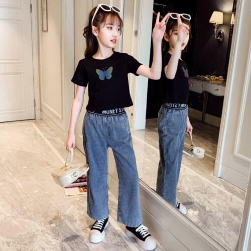 Kids Clothes Girls Reflective Butterfly Clothes for Girls Tshirt + Denim Tracksuit for Girl Casual Childrens Clothes for Girl