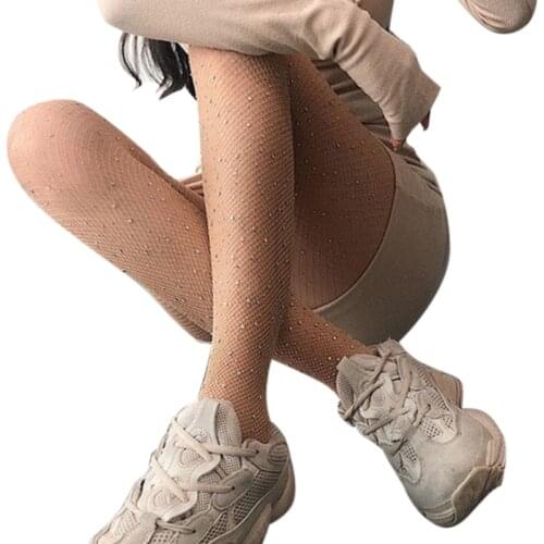 Women Sexy High Waist Hollow Out Fishnet Pantyhose Shiny Glitter Rhinestone Lingiere Tights Sheer Mesh Nylon Stockings Leggings