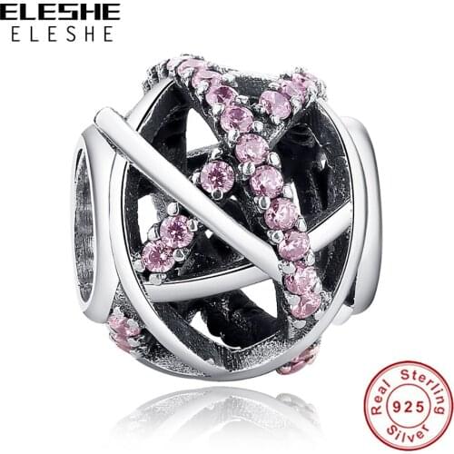 ELESHE 925 Sterling Silver Bead Openwork Galaxy With Pink Crystal Fit Original Charms Bracelet For women Fashion Jewelry