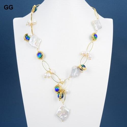 GuaiGuai Jewelry Natural Freshwater Cultured White Keshi Pearl Blue Murano Glass Choker Necklace 21" Handmade For Women