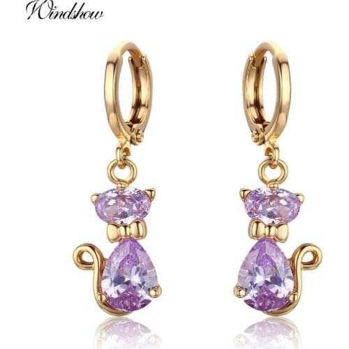 Cute Kitten Cats Gatos Light Purple CZ Circle Loop Drop Earrings For Women Girls Kids Children Yellow Gold Color Jewelry Aros