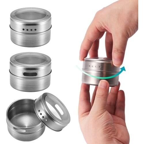 Magnetic Spice Jar Set With Stickers Stainless Steel Spice Tins Spice Storage Container Pepper Seasoning Sprays Tools