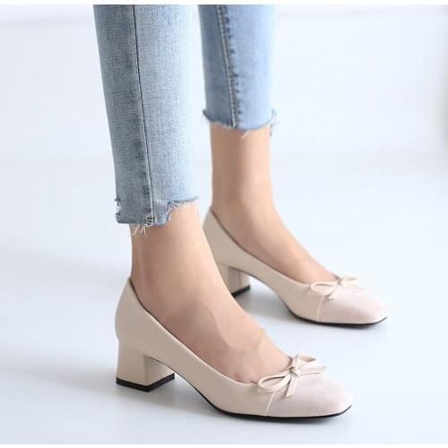 New microfiber leather pumps women shoes square toe footwear shallow office shoes female fashion chunky high heels woman U14-21