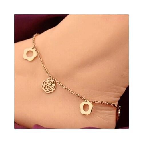 Top Quality Fashion Rose Gold Color Hollow-Out Rose Flower Charms Women Anklets / Fashion Stainless Rose Charms Foot Chain