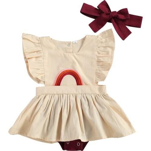 0-24M Toddler Baby Girl Rompers Rainbow Sunflowers Print Ruffles Fly Sleeve Jumpsuits with Headband Summer Backless Romper