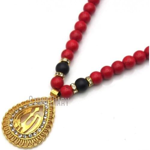 Cardinal Red Synthetic Turquoises Necklace Muslim Crystal Pave Ball Allah Pear Shape Necklace 32inch NM12339