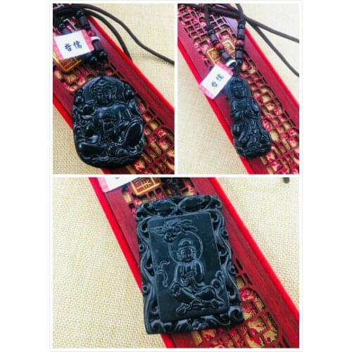 Natural Hetian Black Jade Handmade Carved Black Lotus Guanyin Pendant with Necklace Variety of Men and Women Sweater Chain