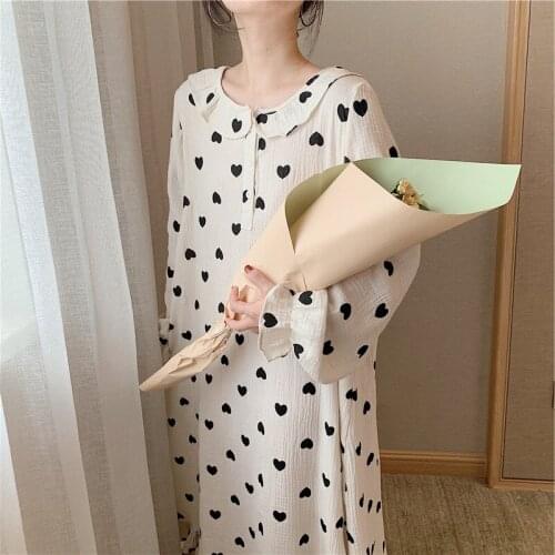 Spring Autumn New Nightdress Womens Korean Cotton Nightgown Baby Collar Mid-Calf Nightwear Home Clothes Sleepwear Night Dress