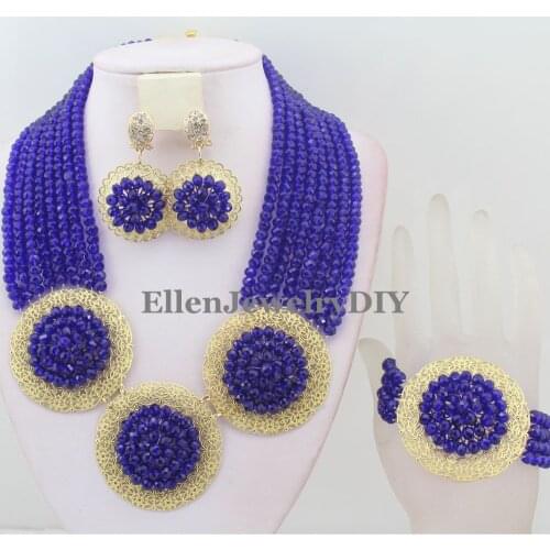 Stylish Royal Blue Nigerian Wedding beads African Beads Jewelry Set Handmade Indian Dubai Bridal Necklace Sets W11565